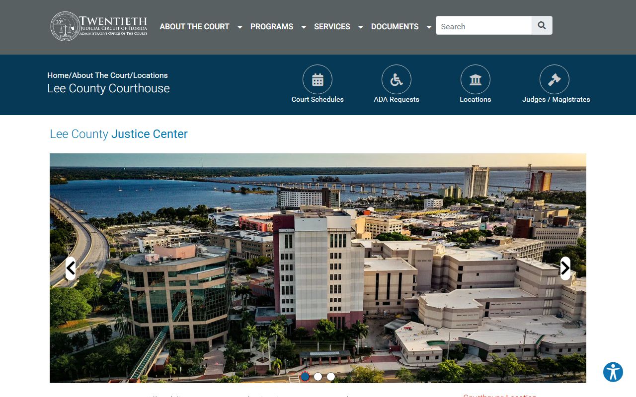 Lee County Justice Center page on the Twentieth Judicial Circuit website showing courthouse photos, parking, entrances, and security rules