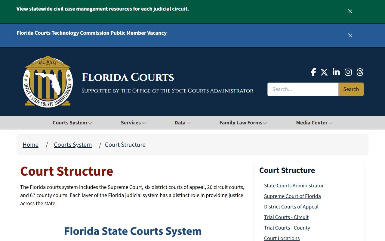 Florida courts landing page explaining the state court structure including Supreme Court, District Courts of Appeal, Circuit Courts, and County Courts