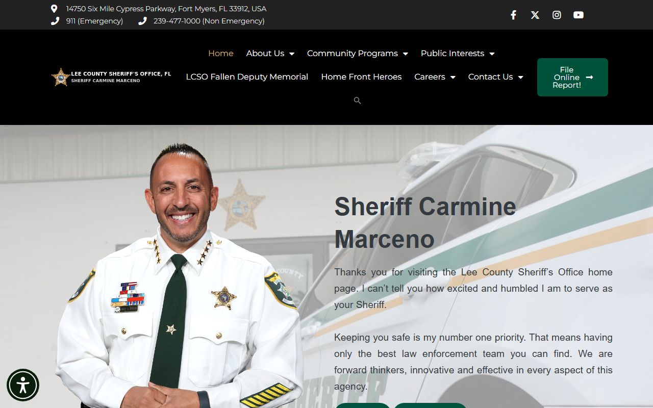 Lee County Sheriff's Office home page showing Sheriff Carmine Marceno and quick links to booking search and corrections