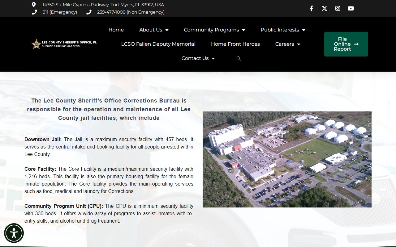 Lee County Sheriff Corrections Bureau page showing jail facilities and inmate population data