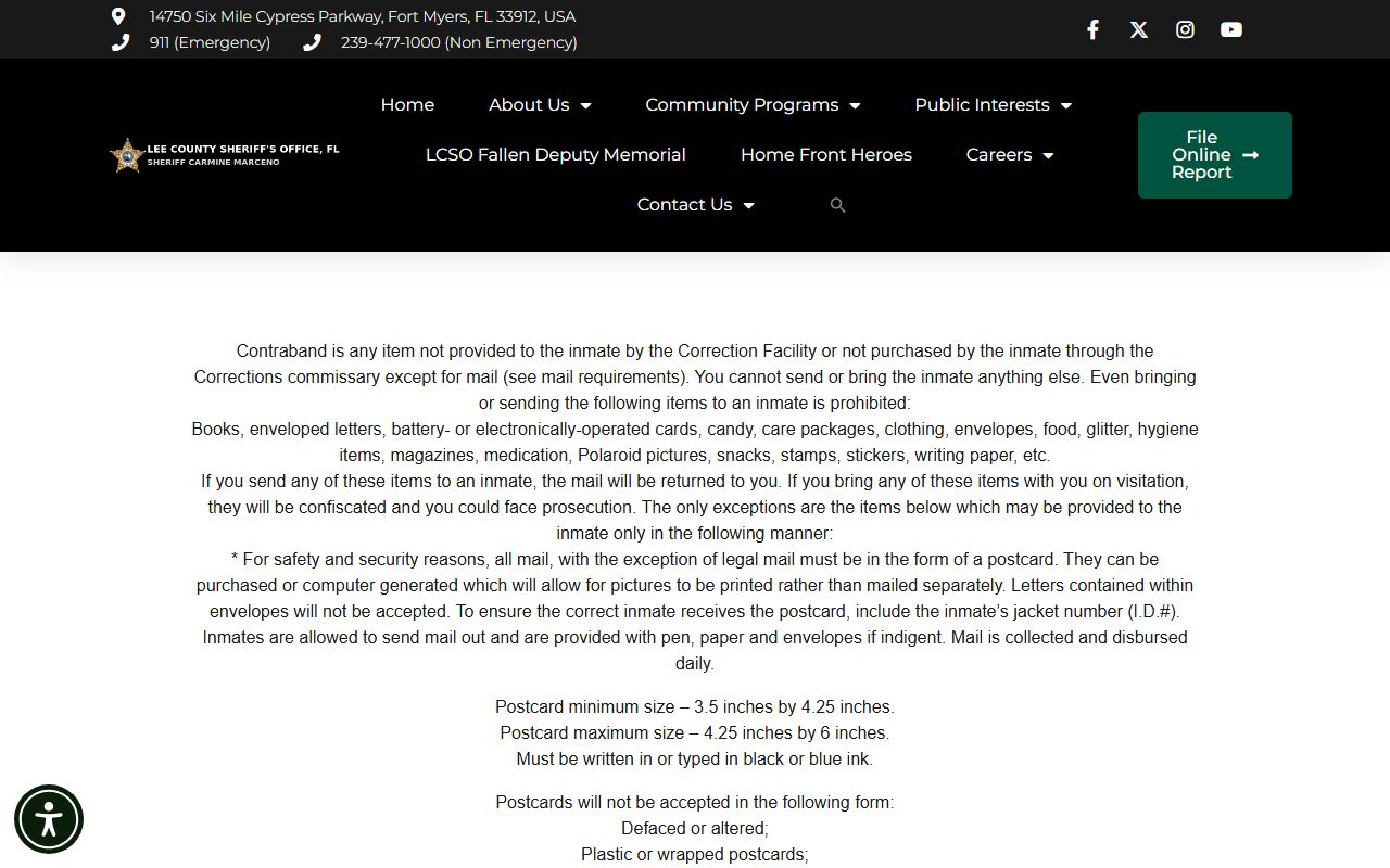 Lee County jail inmate mail and prohibited items rules