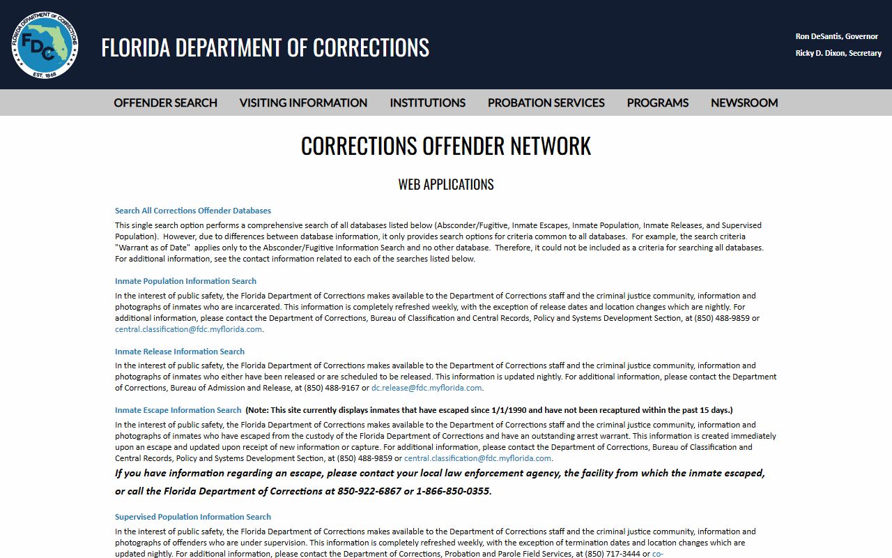 Lee County released inmate Florida Department of Corrections offender database menu