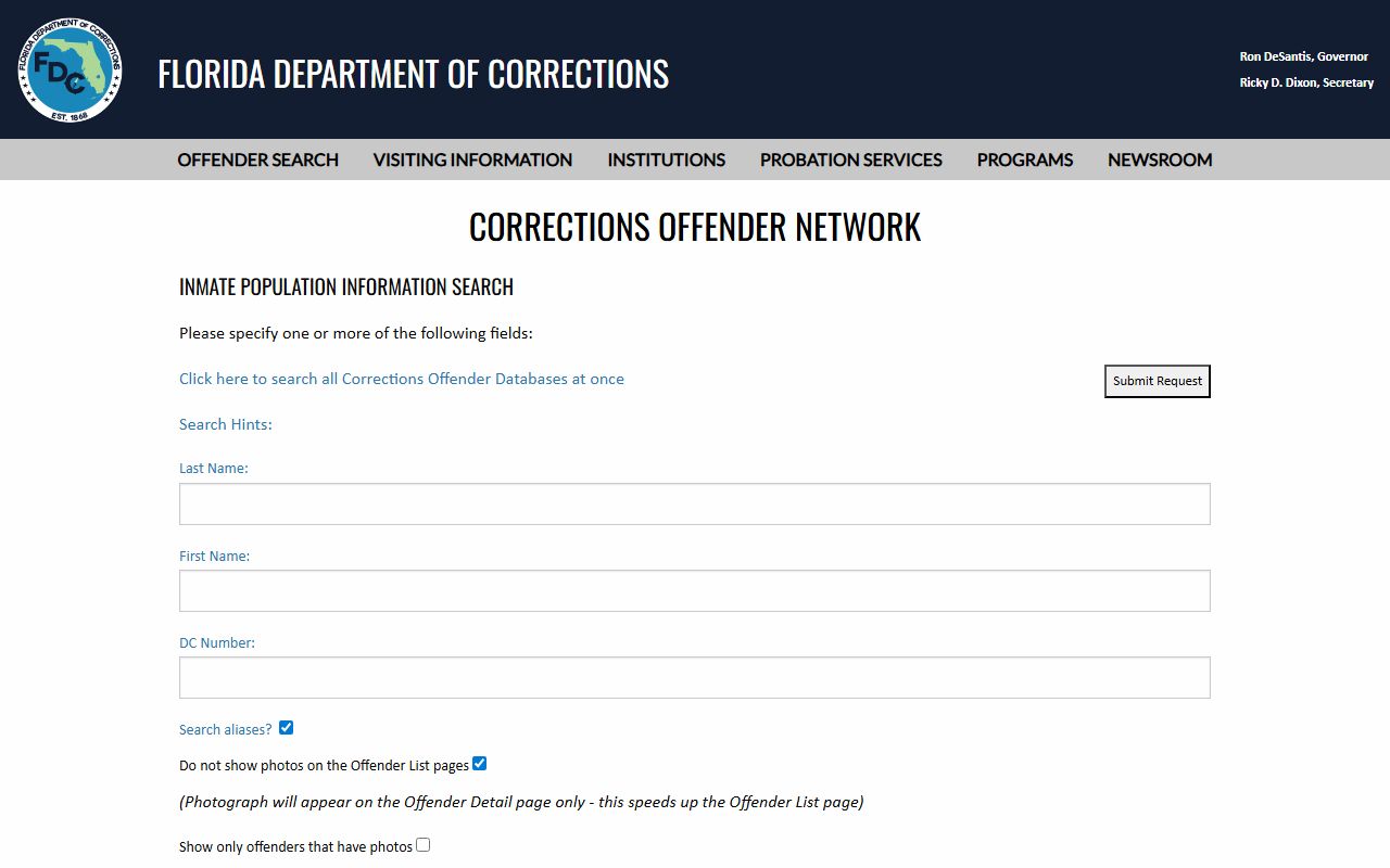 Florida Department of Corrections inmate population search page used to look up state prison inmates