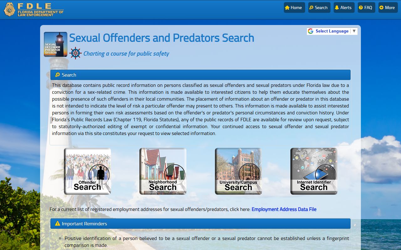 Lee County released inmate FDLE sex offender and predator registry search page