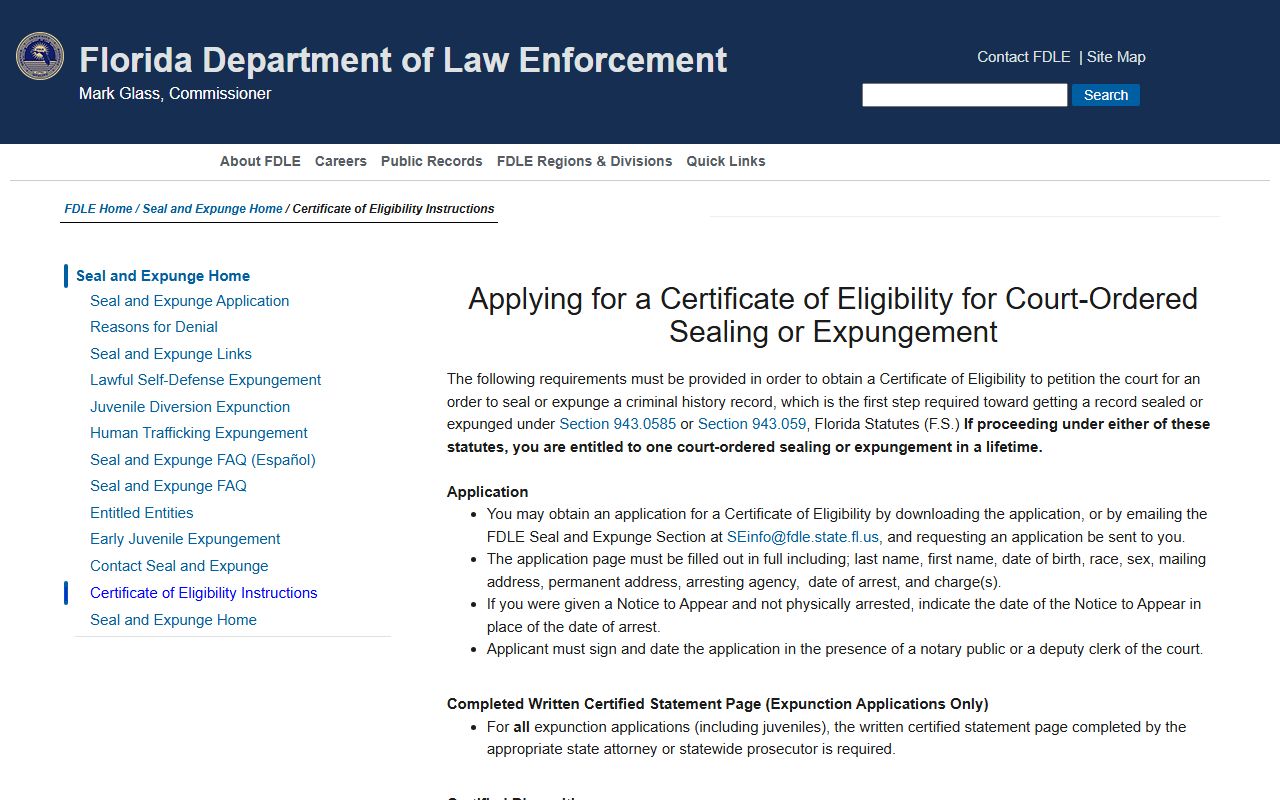 Lee County criminal records FDLE certificate of eligibility instructions for sealing and expunction
