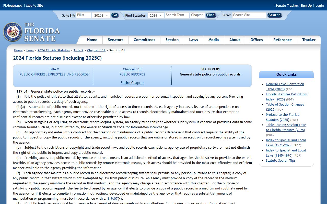 Lee County public records framework anchor: Florida Statutes section 119.01 on the Florida Senate site