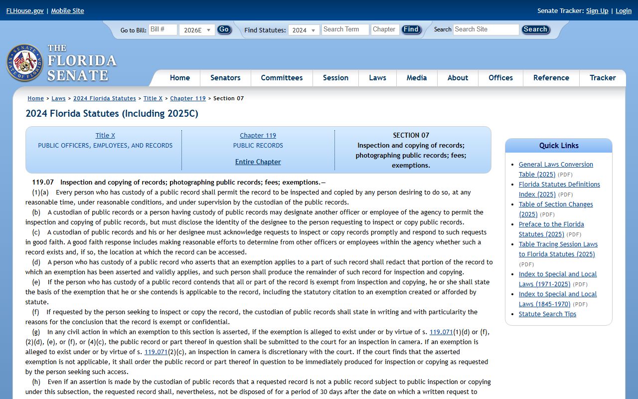 Lee County public records fees anchor: Florida Statutes section 119.07 on the Florida Senate site