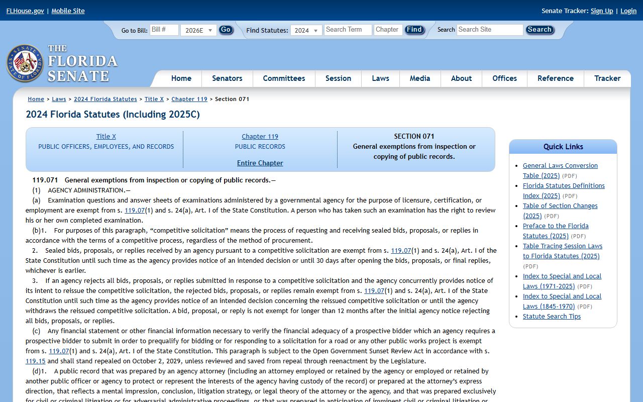 Lee County public records exemption anchor: Florida Statutes section 119.071 on the Florida Senate site