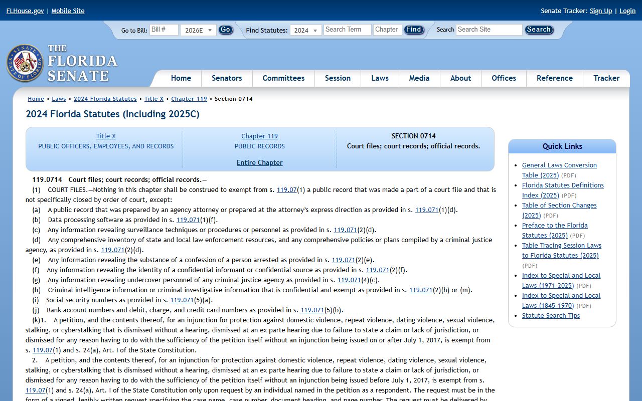 Florida Senate page for Florida Statutes Section 119.0714 on court files, court records, and official records