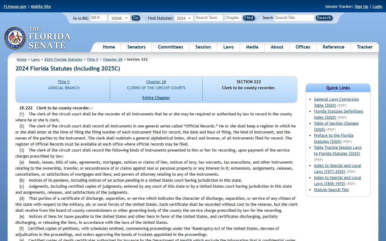 Lee County Clerk of Court authority anchor: Florida Statutes section 28.222 on the Florida Senate site