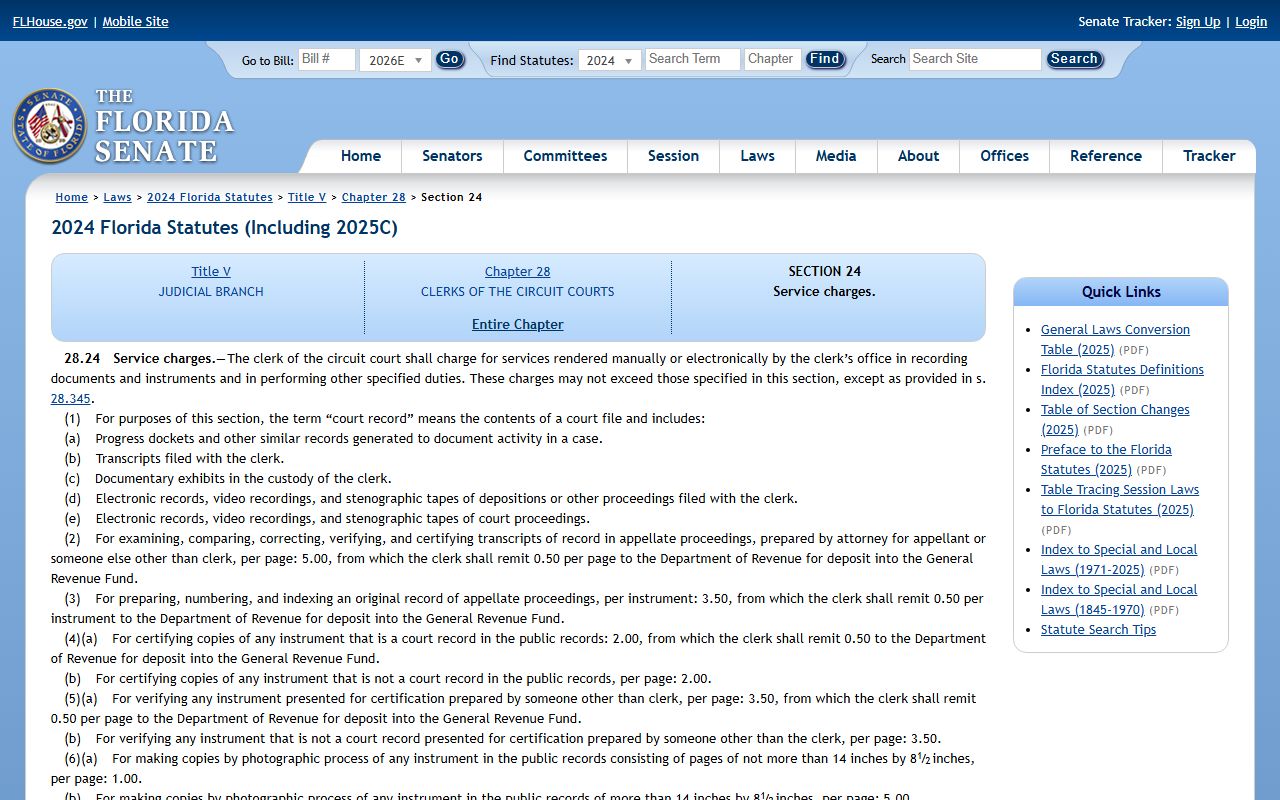 Florida Statutes section 28.24 Clerk service charges that apply to Lee County court records copy and certification fees