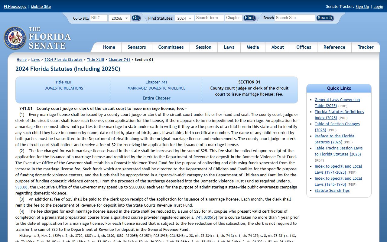 Florida Statutes section 741.01 governing Lee County marriage license issuance by the clerk of the circuit court