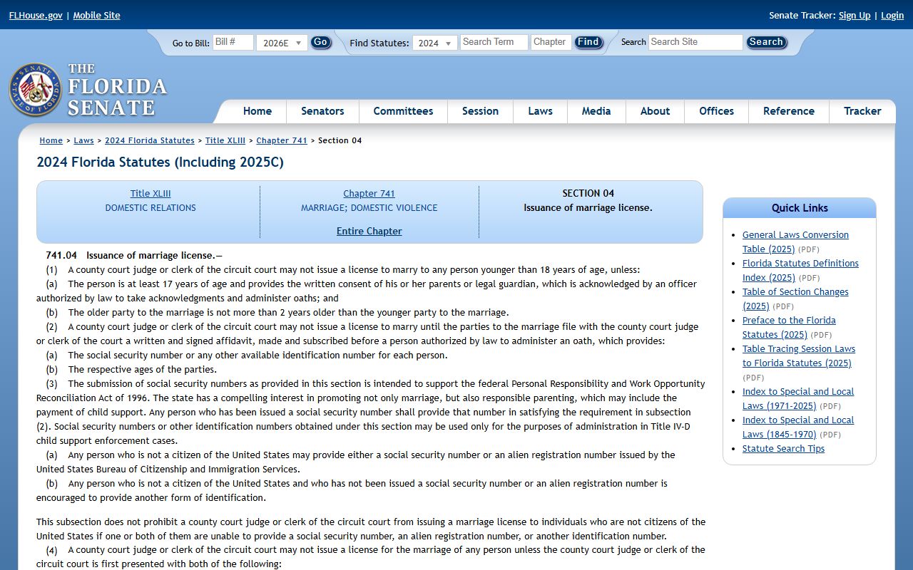 Florida Statutes section 741.04 listing Lee County marriage license requirements and waiting period