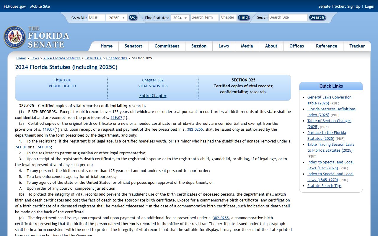 Florida Statutes section 382.025 governing Lee County vital records disclosure and certified marriage record release