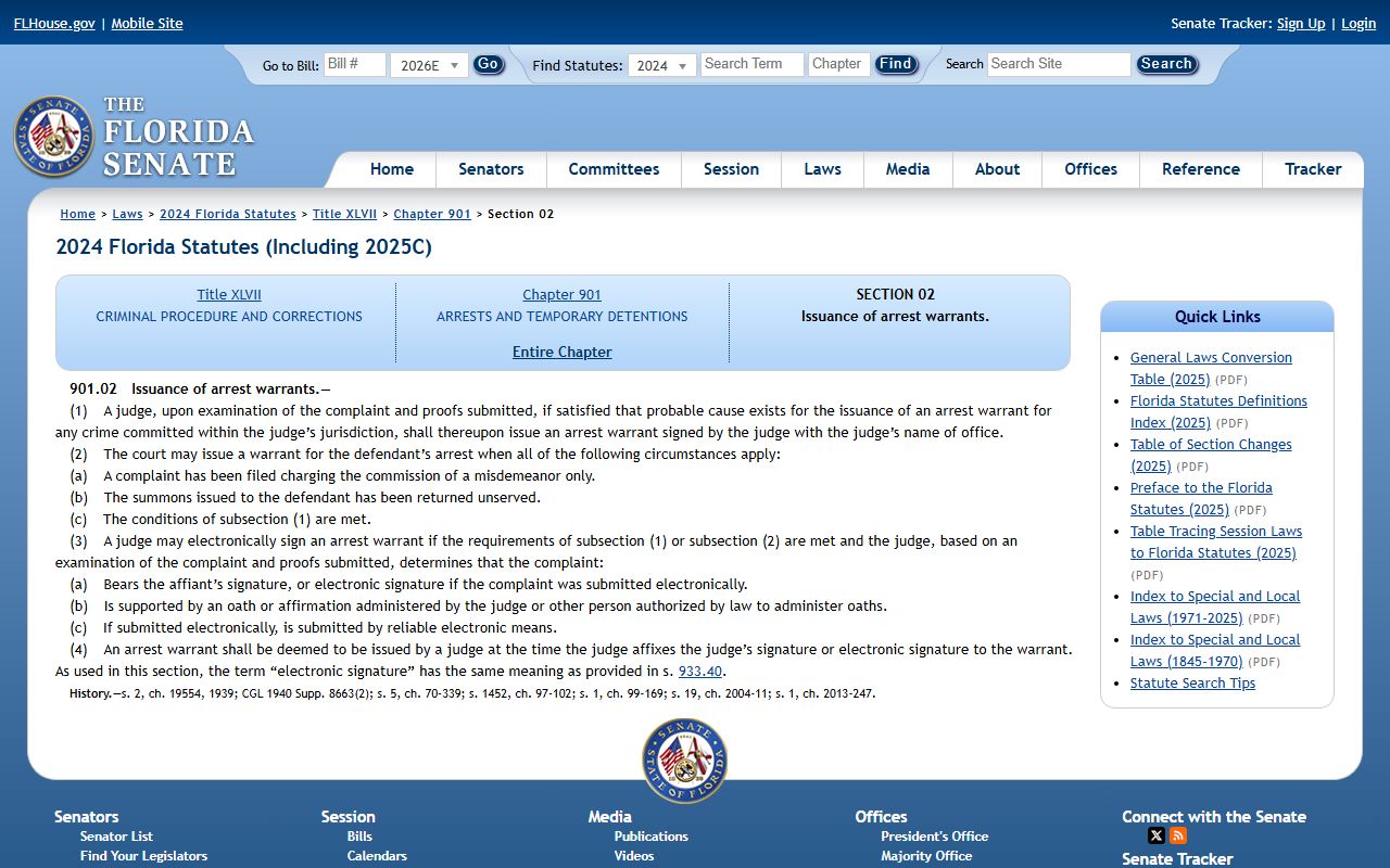 Florida Statutes 901.02 arrest warrants page for Lee County warrant search