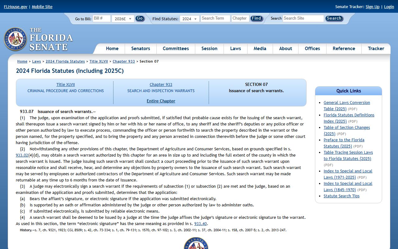 Florida Statutes 933.07 search warrants page for Lee County warrant records
