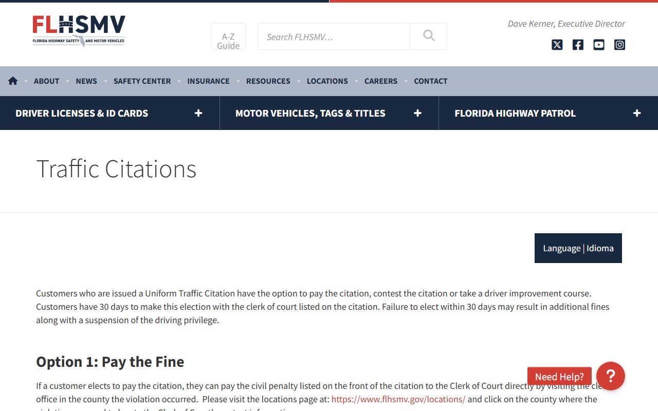 Florida Highway Safety and Motor Vehicles traffic citation page used for Lee County traffic court records pay and contest options