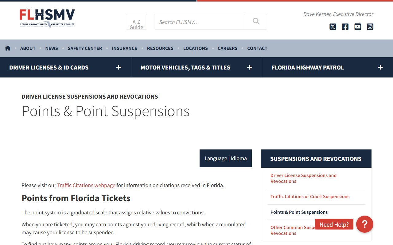 FLHSMV points and point-suspension page showing point values relevant to Lee County traffic court records