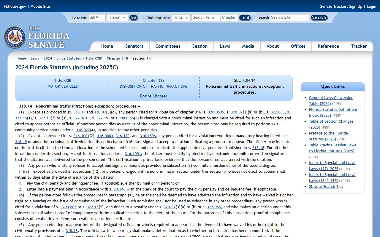 Florida Statutes section 318.14 noncriminal traffic infraction procedures applied in Lee County traffic court records