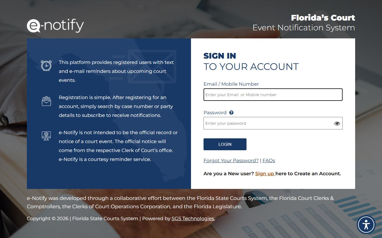 Lee County court date alert sign-up on the Florida eNotify portal